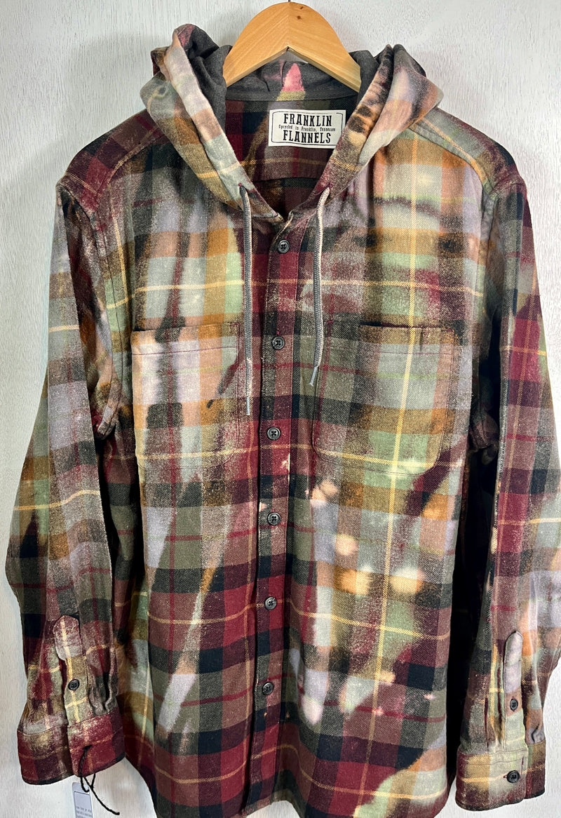 Vintage Burgundy, Green, Yellow, Black and Lavender Flannel Hoodie Size Large