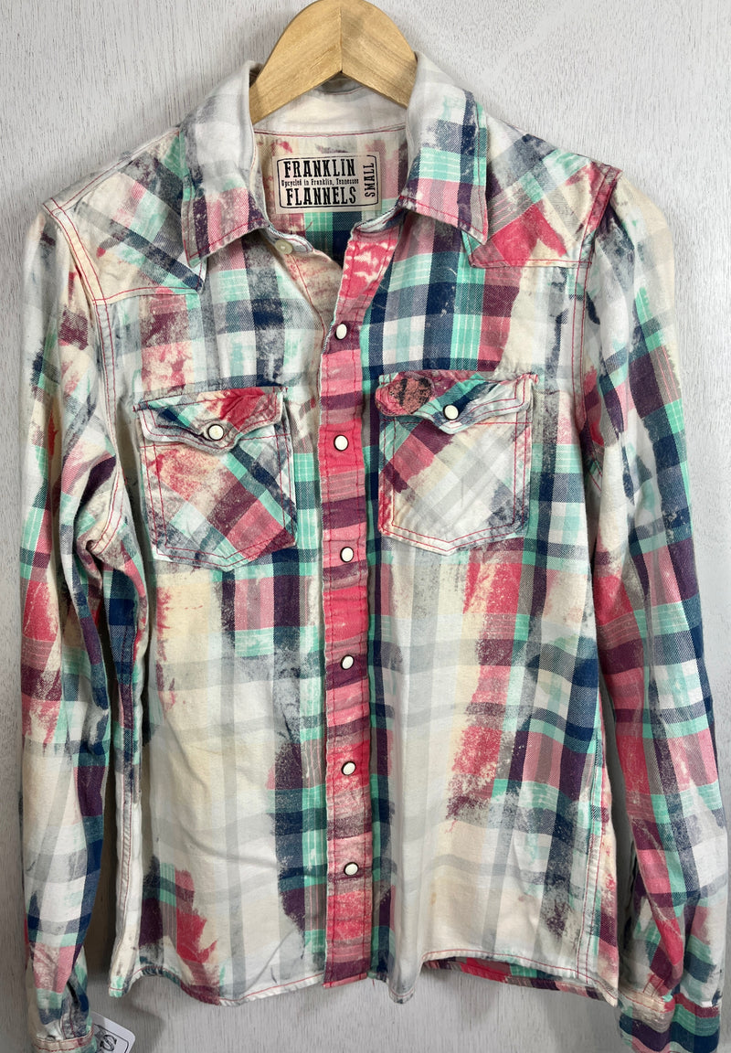 Vintage Western Style Turquoise, Pink, Red, Navy and Cream Flannel Size Small