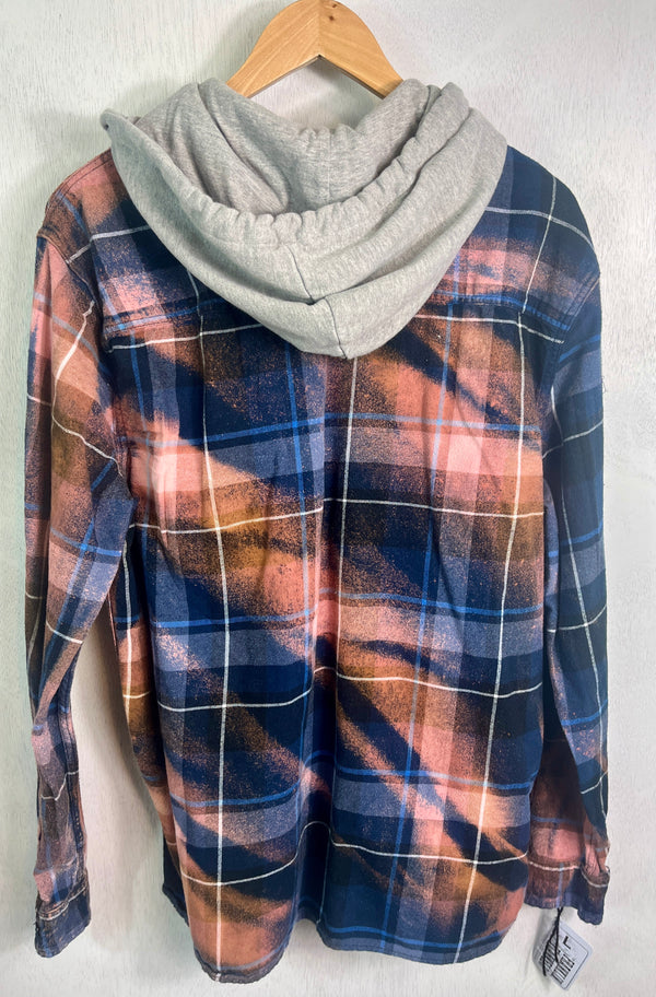 Vintage Blue, Navy, Black, Rust and Pink Flannel Hoodie Size Large