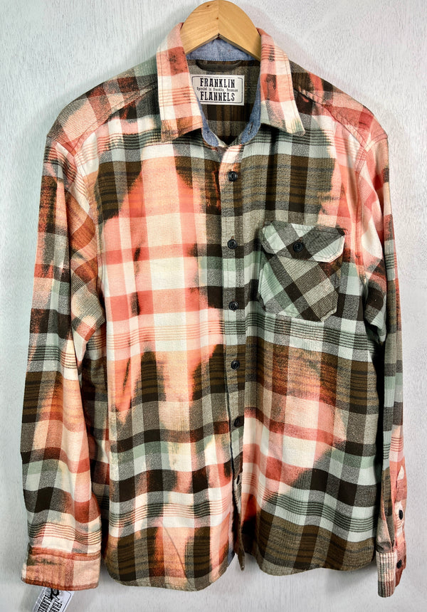 Vintage Light Green, Pink, White and Chocolate Brown Flannel Size Large