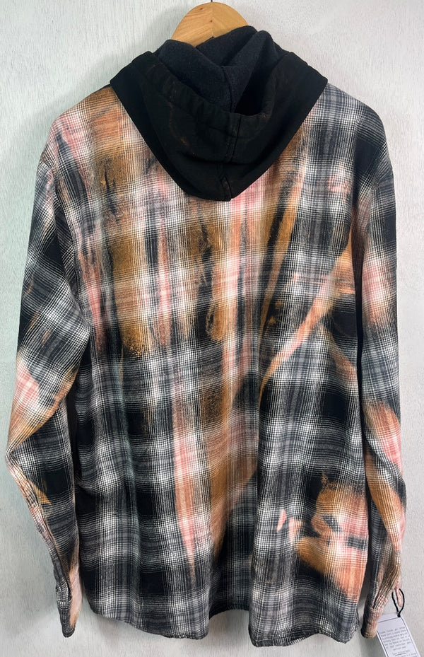 Vintage Black, White, Rust and Pink Flannel Hoodie Size XL