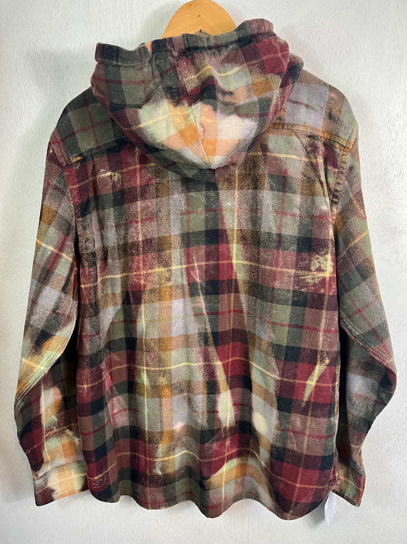Vintage Burgundy, Green, Yellow, Black and Lavender Flannel Hoodie Size Large
