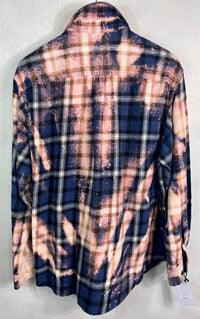 Vintage Navy Blue, Black, White, Gold and Pink Flannel Size Large