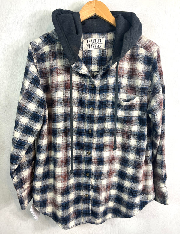 Vintage navy, White, Black and Brown Flannel Hoodie
