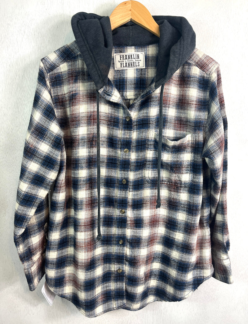 Vintage navy, White, Black and Brown Flannel Hoodie