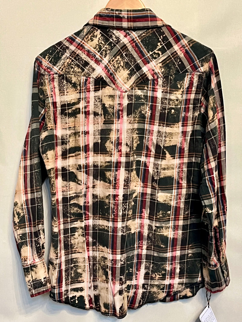 Vintage Western Style Army Green, Red, Beige and White Flannel Size Small