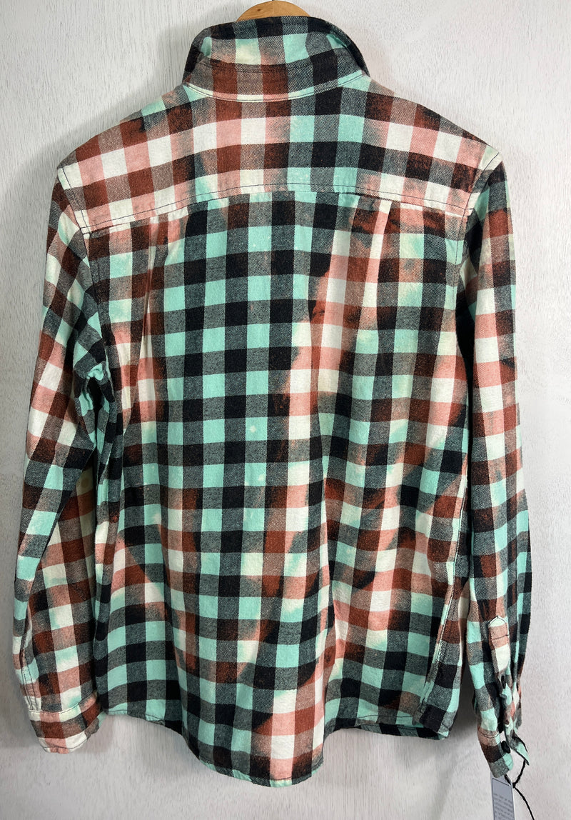 Vintage Seafoam Green, Black and Dusty Rose Flannel Size Small