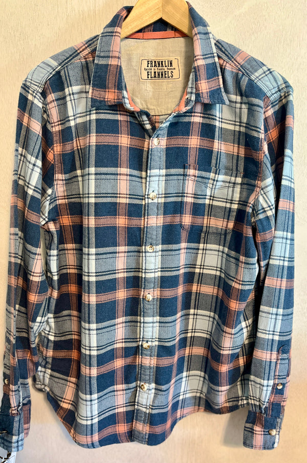 Vintage Light Blue, Navy, Coral and White Flannel Size Large