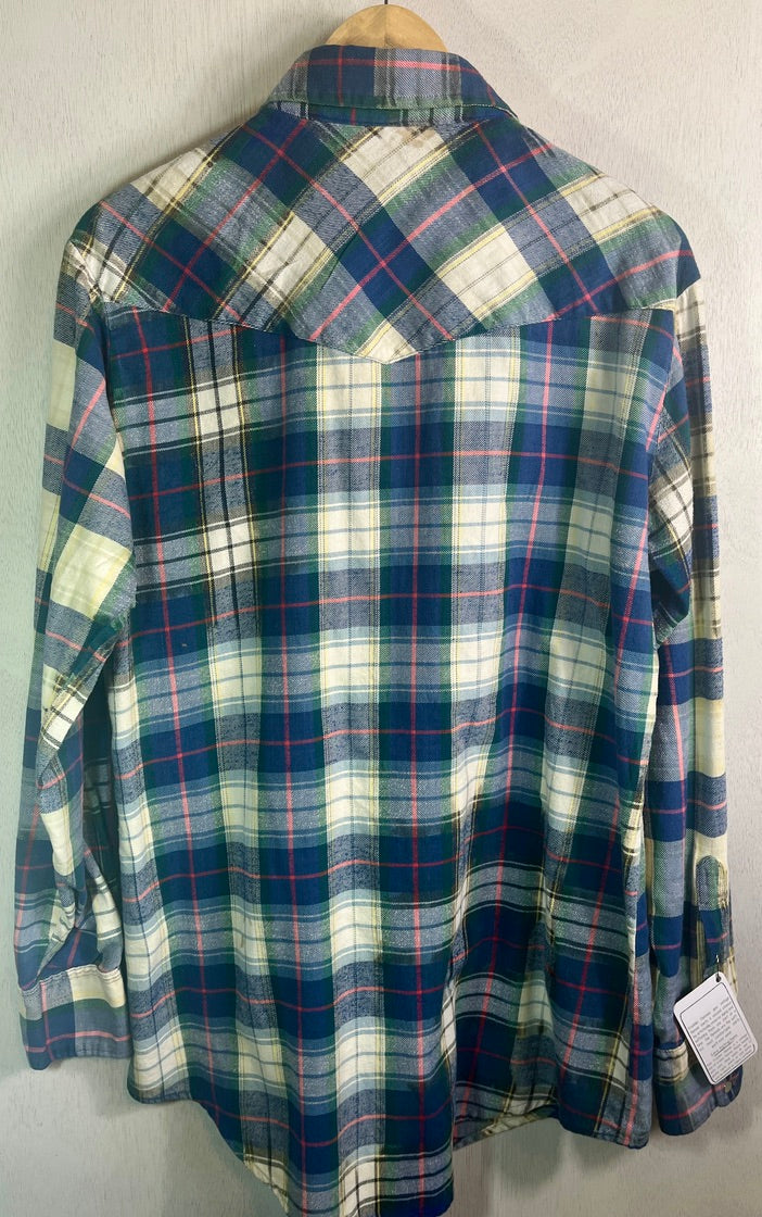 Vintage Western Style Navy, Green and White Flannel Size Large