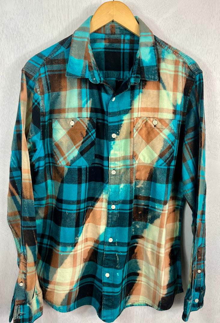 Vintage Turquoise, Black, Seafoam Blue and Gold Flannel Size Large
