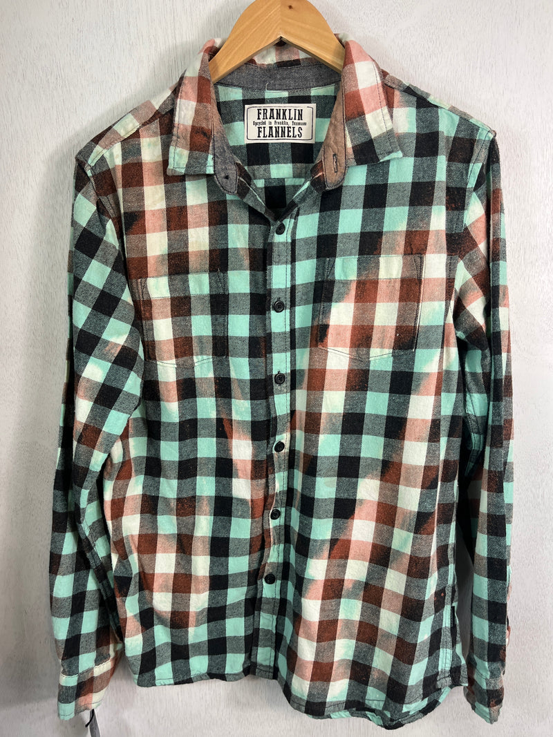 Vintage Seafoam Green, Black and Dusty Rose Flannel Size Small