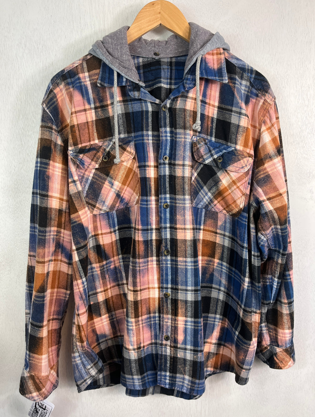 Vintage Blue, Black, Peach and Gold Flannel Hoodie Size XL