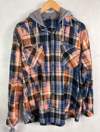 Vintage Blue, Black, Peach and Gold Flannel Hoodie Size XL