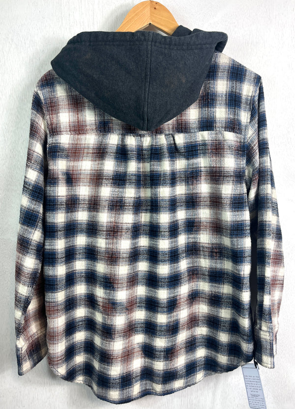 Vintage navy, White, Black and Brown Flannel Hoodie
