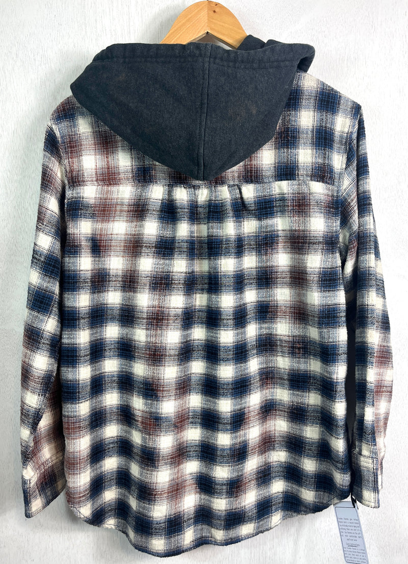 Vintage navy, White, Black and Brown Flannel Hoodie