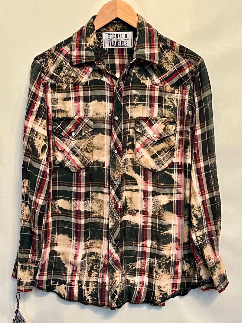 Vintage Western Style Army Green, Red, Beige and White Flannel Size Small