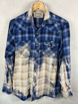 Vintage Western Style Navy, Royal Blue and Cream Flannel Size Medium