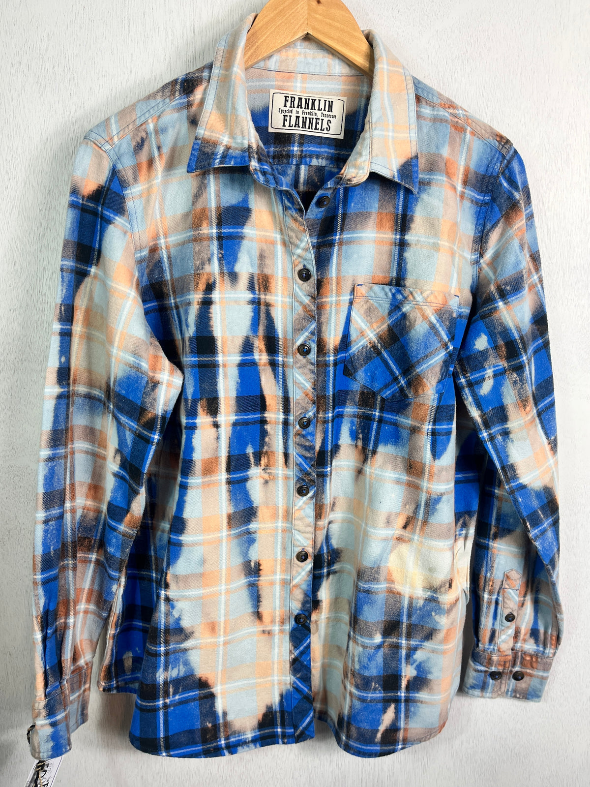 Vintage Cobalt Blue, Sky Blue, Black and Orange Flannel Size Small