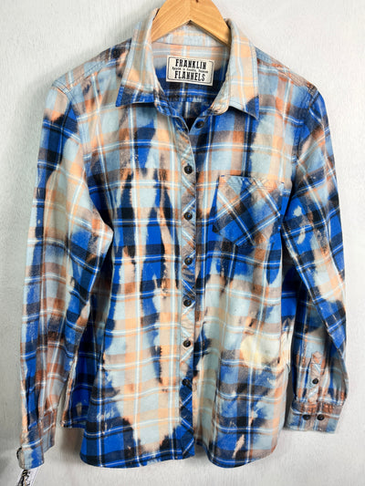 Vintage Cobalt Blue, Sky Blue, Black and Orange Flannel Size Small
