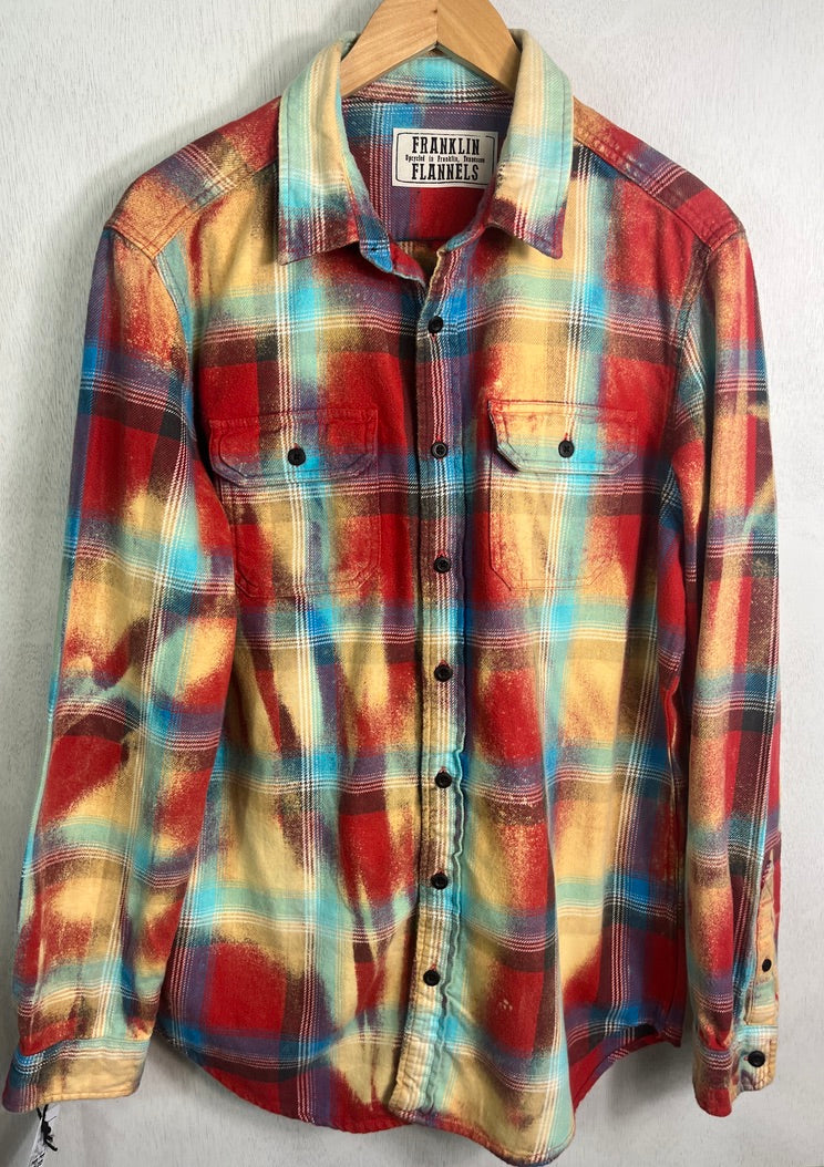 Vintage Red, Blue, Turquoise, Yellow and Black Flannel Size Large