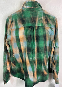 Vintage Kelly Green, Peach, Light Blue and Black Flannel Size XS