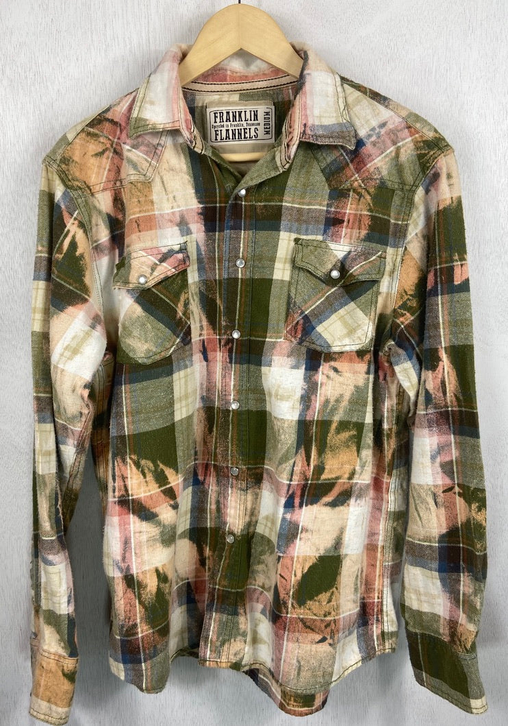 Vintage Western Style Sage Green, White and Pink Flannel Size Medium