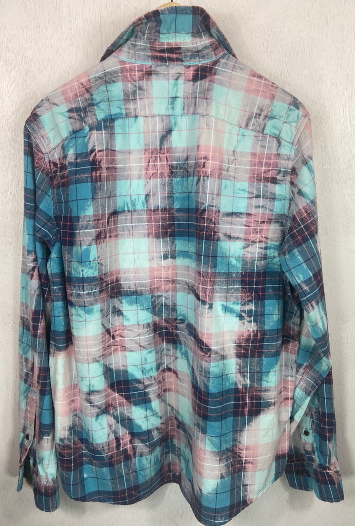 Vintage Turquoise, Light Blue and Pink Flannel Size Large