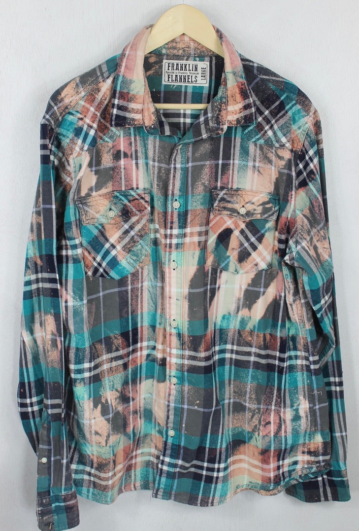 Vintage Turquoise, Grey and Peach Flannel Size Large