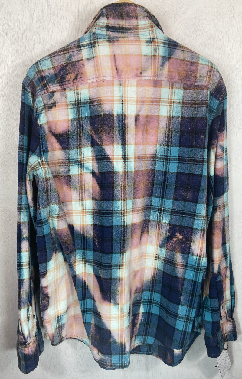 Vintage Turquoise, Navy and Pink Flannel Size Large