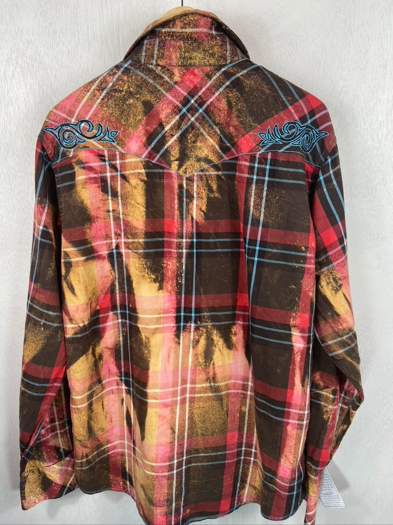 Vintage Western Style Red, Brown and Pink Flannel Size Large
