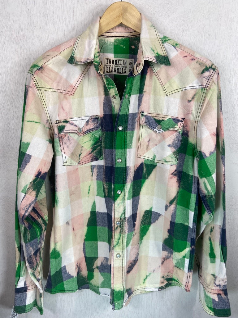 Vintage Western Style Green, Navy, Pink and White Flannel Size Medium