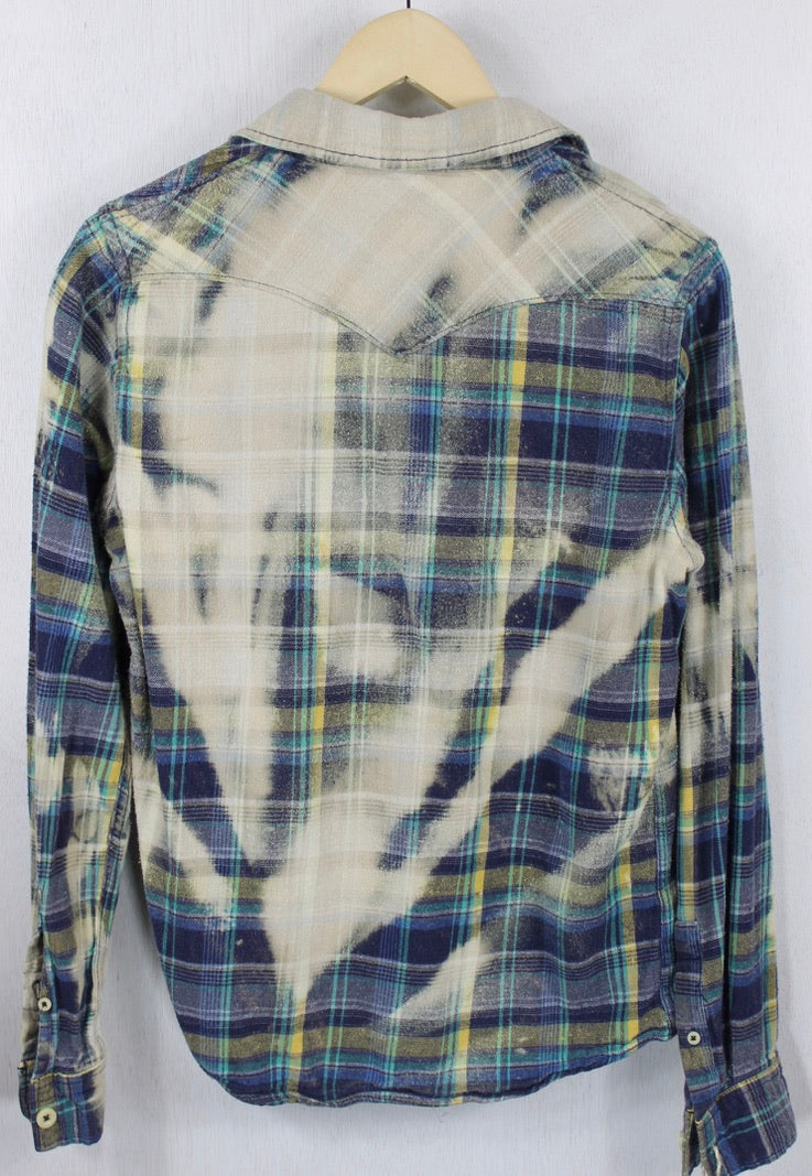 Vintage Grunge Navy Blue, Turquoise and Yellow Flannel Size Small