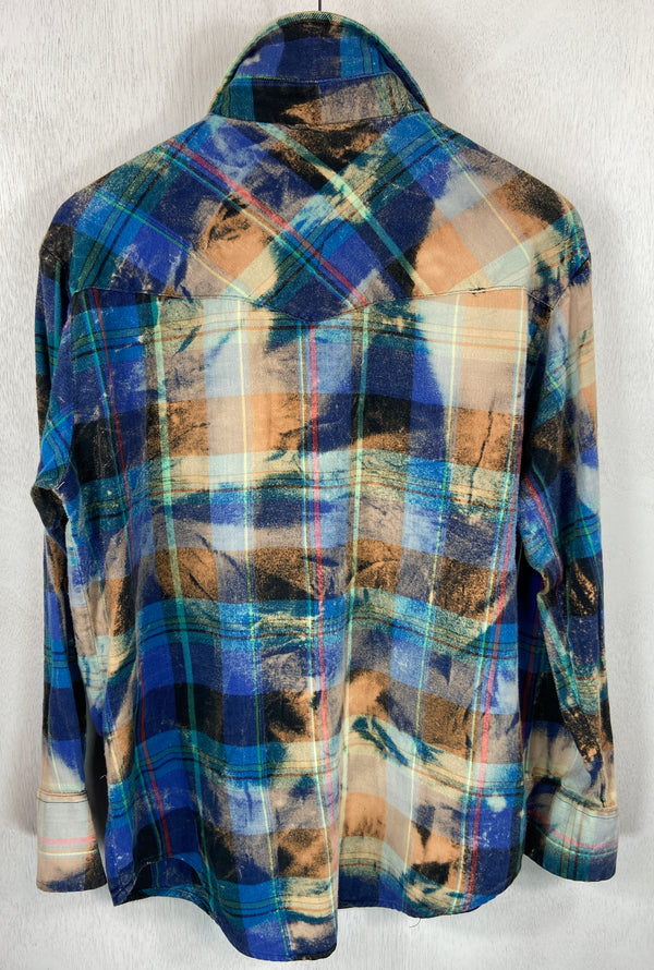Vintage Western Style Royal & Light Blue, Orange and Cream Flannel Size Large