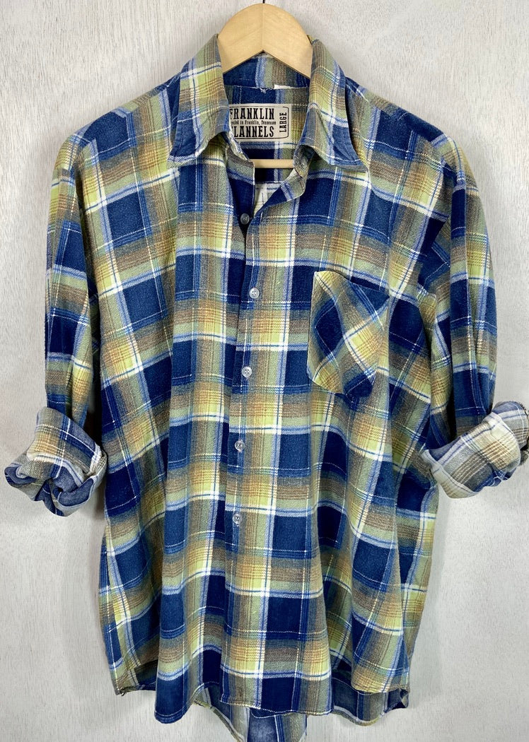 Vintage Retro Royal Blue, Green and White Flannel Size Large
