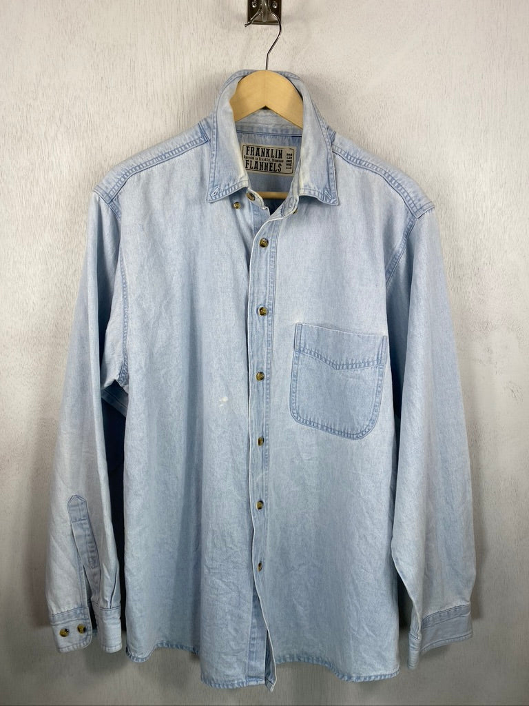 Fanciful Vintage Blue Denim Work Shirt with Lion Size Large