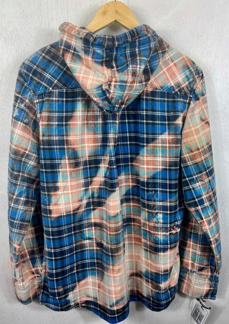 Vintage Turquoise, Light Blue, Peach and Black Flannel Hoodie Size Large
