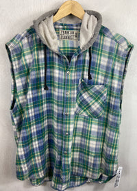 Vintage Green, White and Blue Flannel Hoodie Vest Size Large