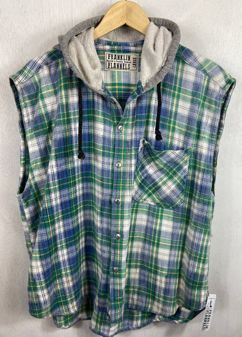Vintage Green, White and Blue Flannel Hoodie Vest Size Large