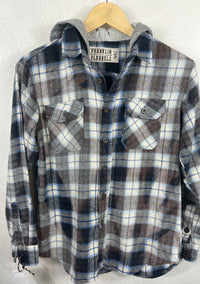 Vintage Navy Blue, White and Grey Flannel Hoodie Size Small