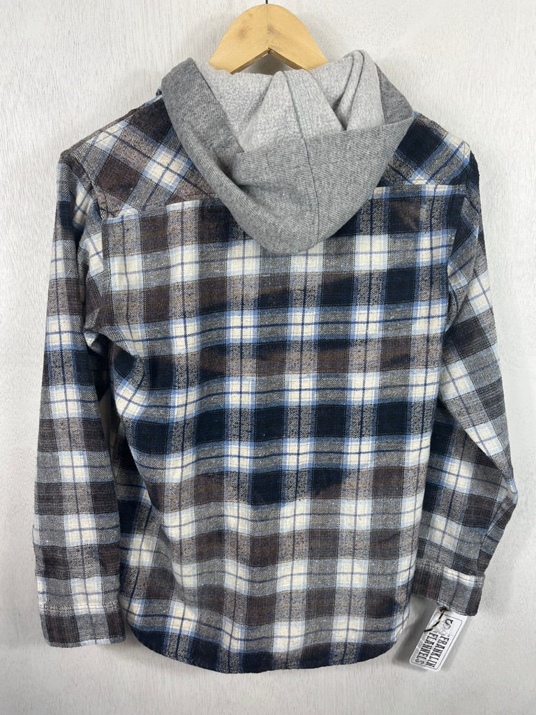 Vintage Navy Blue, White and Grey Flannel Hoodie Size Small