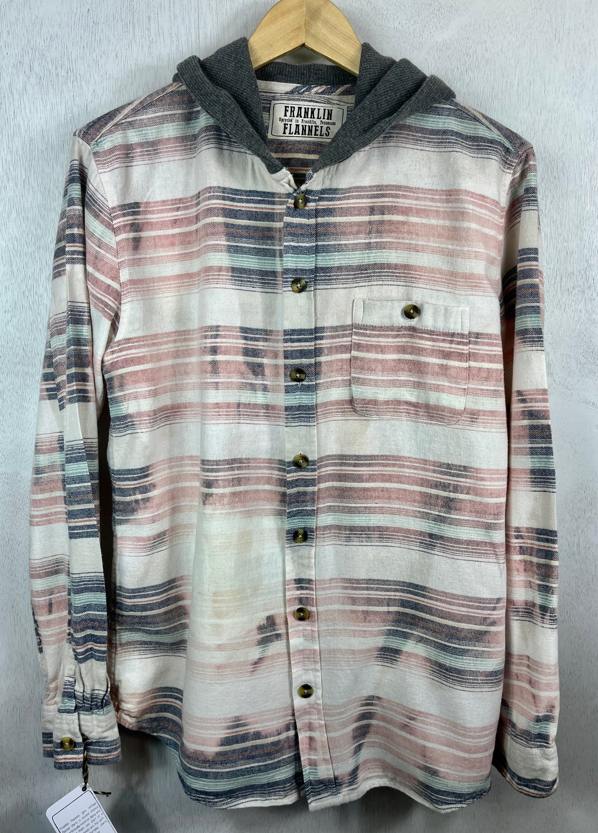 Vintage Pink, Light Blue, Grey and White Flannel Hoodie Size Medium