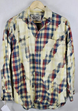 Grunge Vintage Faded Red, Teal and Light Yellow Flannel Size Large