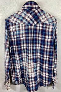 Vintage Western Style Navy Blue, Burgundy and White Flannel Size Medium