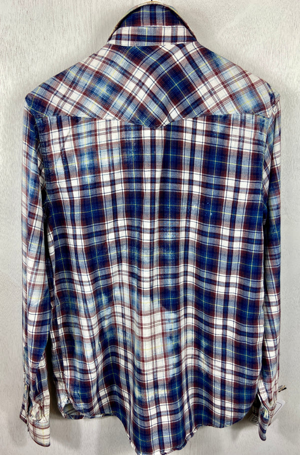 Vintage Western Style Navy Blue, Burgundy and White Flannel Size Medium