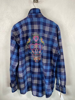 Fanciful Vintage Royal and Navy Blue and White Flannel with Sugar Skull Size Large