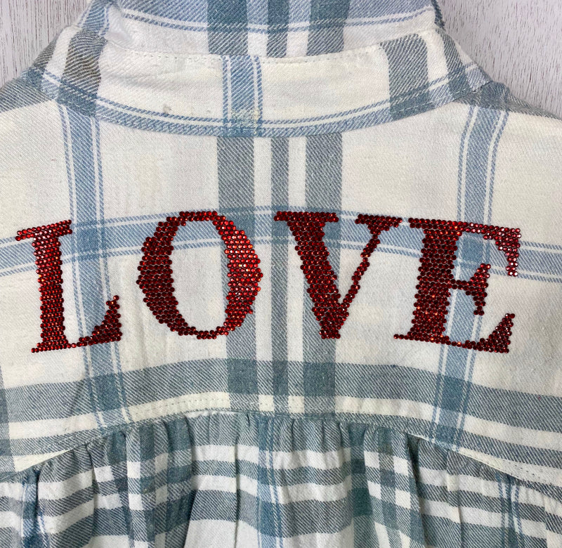 Fanciful Light Grey and White Flannel with LOVE Size Small