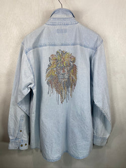 Fanciful Vintage Blue Denim Work Shirt with Lion Size Large