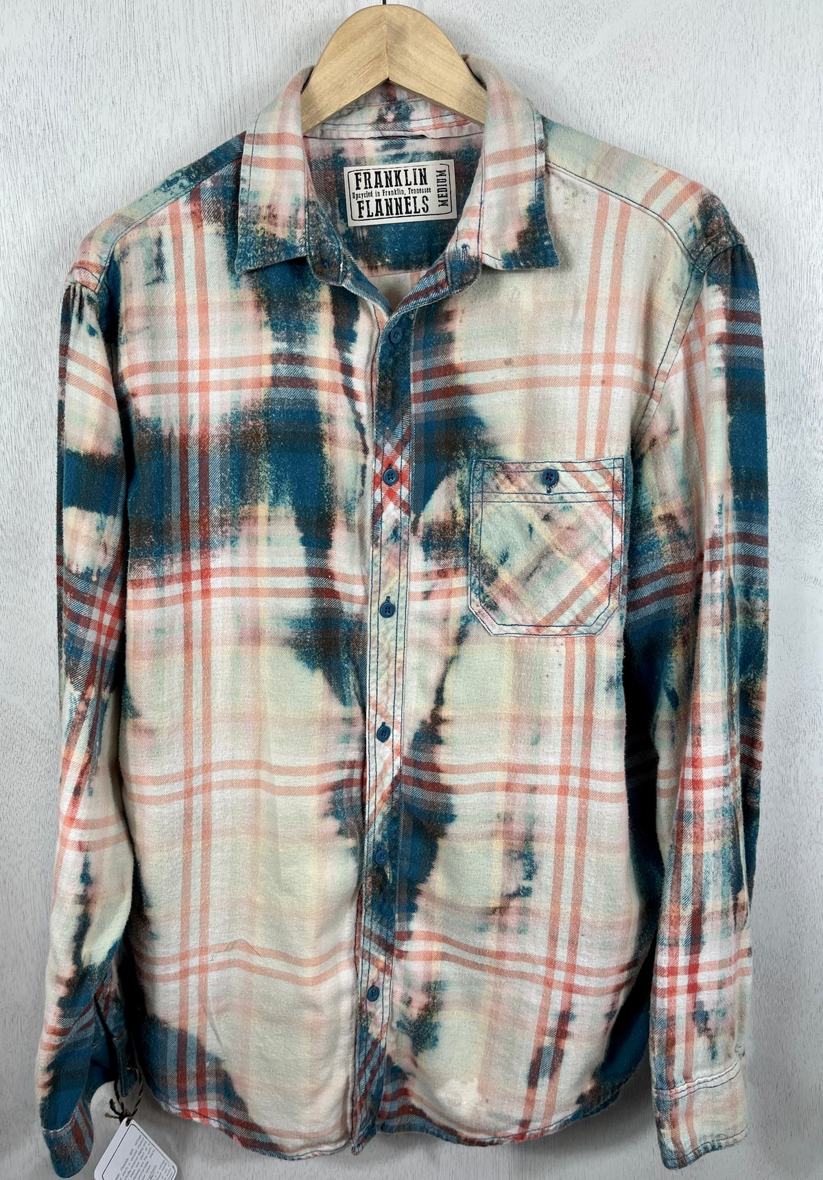 Vintage Teal Blue, Cream and Pink Flannel Size Medium