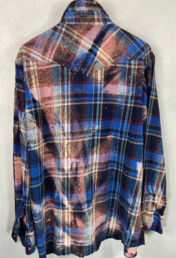 Vintage Western Style Royal Blue, Black and Dusty Rose Flannel Size XL