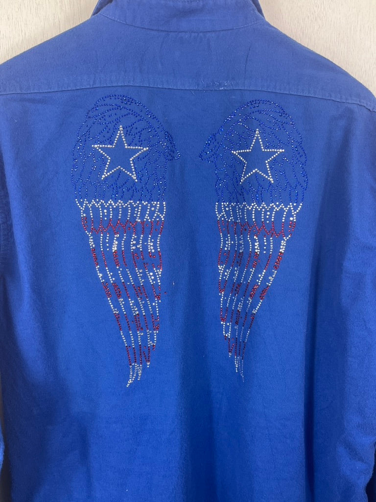 Fanciful Royal Blue Chambray Flannel with Patriotic Angel Wings Size Large